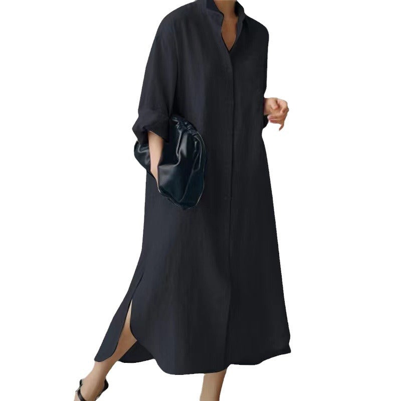 Women's Solid Color Long-sleeved Cardigan Irregular Slit Long Dress